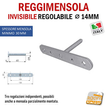 Carica l'immagine nel visualizzatore di Gallery, REGGIMENSOLA A SCOMPARSA REGOLABILE PER MENSOLE SP.MIN 30 MM REGGIRIPIANO INVISIBILE STAFFA SUPPORTO PER RIPIANI DIAMETRO 14 MM 1pz