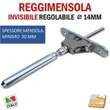 Carica l'immagine nel visualizzatore di Gallery, REGGIMENSOLA A SCOMPARSA REGOLABILE PER MENSOLE SP.MIN 30 MM REGGIRIPIANO INVISIBILE STAFFA SUPPORTO PER RIPIANI DIAMETRO 14 MM 1pz