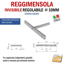Carica l'immagine nel visualizzatore di Gallery, Reggimensola metallico regolabile per mensola a scomparsa invisibile per muro parete casa ufficio ripiani legno muratura spessore minimo 18 mm diametro 10 mm