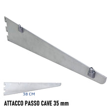 Carica l'immagine nel visualizzatore di Gallery, REGGIRIPIANO MENSOLA ATTACCO CAVETTATO P35 ARGENTO 38CM ATTREZZATURA PARETE NEGOZIO staffa per ripiani supporto mensole aggancio per ripiani in legno reggipannello attacco cave passo 3,5cm