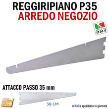 Carica l'immagine nel visualizzatore di Gallery, REGGIRIPIANO MENSOLA ATTACCO CAVETTATO P35 ARGENTO 38CM ATTREZZATURA PARETE NEGOZIO in acciaio verniciato argento goffrato