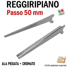Carica l'immagine nel visualizzatore di Gallery, Reggimensola per ripiani negozio reggiripiano staffe per ripiani mensole legno pannello attacco a piantana cavettata passo 5cm P50 mm arredo negozio ala piegata da avvitare