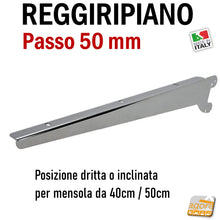 Carica l'immagine nel visualizzatore di Gallery, Reggimensole per ripiani negozio reggiripiani staffa per ripiani mensole in legno pannello attacco a piantana cavettata cava passo 5cm P50 mm arredo negozio ala piegata da avvitare inclinabile lunga cromata