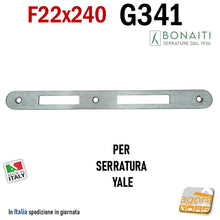 Carica l'immagine nel visualizzatore di Gallery, CONTROPIASTRA INCONTRO RISCONTRO GACCIA SERRATURA PORTA YALE BONAITI FRONTALE TONDO 240X22MM F22 PER SERRATURE CILINDRO YALE G341 CROMO SATINATO