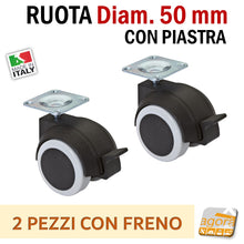 Carica l'immagine nel visualizzatore di Gallery, rotelle ruota doppia per mobili girevole con piastra frenata con freno grigia alta portata diametro 50mm d5cm bassa robusta antitraccia antimacchia pavimenti delicati per mobiletti armadietti tavolini design ruote girevoli