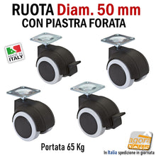 Carica l'immagine nel visualizzatore di Gallery, ruota doppia per mobili girevole con piastra frenata senza freno grigia alta portata diametro 50mm d5cm bassa robusta antitraccia antimacchia pavimenti delicati per mobiletti armadietti tavolini bella da vedere