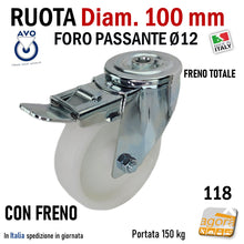 Carica l'immagine nel visualizzatore di Gallery, RUOTA GIREVOLE D100MM CON FORO PASSANTE D12 CON FRENO SENZA FRENO POLIAMMIDE ALTA PORTATA RUOTE AVO