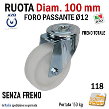 Carica l'immagine nel visualizzatore di Gallery, RUOTA GIREVOLE D100MM CON FORO PASSANTE D12 CON FRENO SENZA FRENO POLIAMMIDE ALTA PORTATA RUOTE AVO