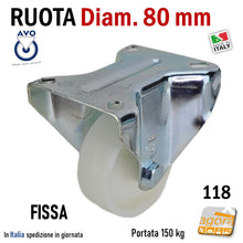 Carica l'immagine nel visualizzatore di Gallery, ruota per carrelli ruote carrelli nylon plastica poliammide 6 AVO aldo valsecchi spa girevoli con piastra freno anteriore diametro 80x30mm D8cm alta portata freno totale fissa supporto medio mozzo su cuscinetti a sfera serie industria 118 fissa