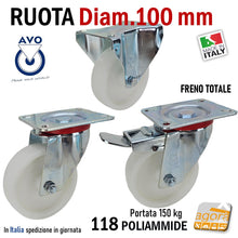 Carica l'immagine nel visualizzatore di Gallery, ruota per carrelli ruote carrelli nylon plastica poliammide 6 AVO aldo valsecchi spa girevoli con piastra freno anteriore diametro 100x30mm 10cm alta portata freno totale fissa supporto medio mozzo su ciscinetti a sfera serie industria 118