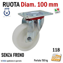 Carica l'immagine nel visualizzatore di Gallery, ruota per carrelli ruote carrelli nylon plastica poliammide 6 AVO aldo valsecchi spa girevoli con piastra 100x85 senza freno diametro 100x30mm 10cm alta portata girevole con freno totale supporto medio mozzo su ciscinetti a sfera serie industria 118BIS