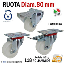 Carica l'immagine nel visualizzatore di Gallery, ruota per carrelli ruote carrelli nylon plastica poliammide 6 AVO aldo valsecchi spa girevoli con piastra freno anteriore diametro 80x30mm D8cm alta portata freno totale fissa supporto medio mozzo su cuscinetti a sfera serie industria 118