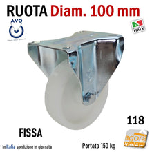 Carica l'immagine nel visualizzatore di Gallery, ruota per carrelli ruote carrelli nylon plastica poliammide 6 AVO aldo valsecchi spa girevoli con piastra 100x85 fissa diametro 100x30mm 10cm alta portata supporto medio mozzo su ciscinetti a sfera serie industria 118B