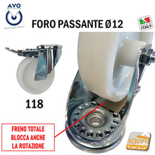 Carica l'immagine nel visualizzatore di Gallery, RUOTA GIREVOLE D100MM CON FORO PASSANTE D12 CON FRENO SENZA FRENO POLIAMMIDE ALTA PORTATA RUOTE AVO