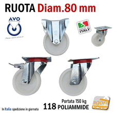 Carica l'immagine nel visualizzatore di Gallery, ruota per carrelli ruote carrelli nylon plastica poliammide 6 AVO aldo valsecchi spa girevoli con piastra freno anteriore diametro 80x30mm D8cm alta portata freno totale fissa supporto medio mozzo su cuscinetti a sfera serie industria 118