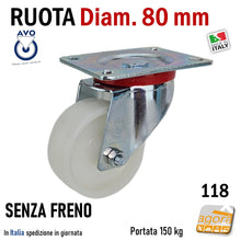 Carica l'immagine nel visualizzatore di Gallery, ruota per carrelli ruote carrelli nylon plastica poliammide 6 AVO aldo valsecchi spa girevoli con piastra freno anteriore diametro 80x30mm D8cm alta portata freno totale fissa supporto medio mozzo su cuscinetti a sfera serie industria 118 senza freno