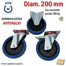 Carica l'immagine nel visualizzatore di Gallery, RUOTA GOMMA ELASTICA BLU DIAMETRO 200MM GIREVOLE CON PIASTRA CON FRENO SENZA FRENO 16N AVO INDUSTRIA RUOTE 66 66A 66ANT 14310 14301 14304