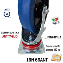 Carica l'immagine nel visualizzatore di Gallery, RUOTA GOMMA ELASTICA BLU DIAMETRO 200MM GIREVOLE CON PIASTRA CON FRENO SENZA FRENO 16N AVO INDUSTRIA RUOTE 66ANT 14310