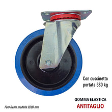 Carica l'immagine nel visualizzatore di Gallery, ruota carrelli industriale professionale gomma elastica blu diametro 200mm D 20 cm aldo valsecchi avo originale disponibile con piastra girevole molto silenziosa con cuscinetto