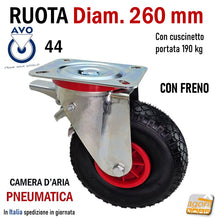 Carica l'immagine nel visualizzatore di Gallery, RUOTA PNEUMATICA X CARRELLI IN GOMMA CON CAMERA D'ARIA MORBIDA GROSSA DIAMETRO 260MM D 26 CM CON SUPPORTO PESANTE GIREVOLE CON CUSCINETTI CON FRENO 44 BIS GOMMA NERA ALDO VALSECCHI AVO SERIE INDUSTRIA 44 PIASTRA FORATA MM 200X160 INTERASSE FORI 150X115MM