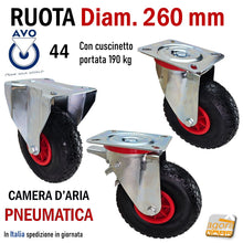 Carica l'immagine nel visualizzatore di Gallery, RUOTA PNEUMATICA PER CARRELLI IN GOMMA CON CAMERA D'ARIA MORBIDA GROSSA DIAMETRO 260MM D 26 CM CON SUPPORTO PESANTE GIREVOLE CON CUSCINETTI CON FRENO SENZA FRENO FISSA GOMMA NERA ALDO VALSECCHI AVO SERIE INDUSTRIA 44 PIASTRA FORATA MM 200X160 INTERASSE FORI 150X115MM