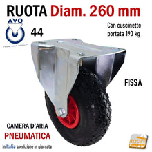 Carica l'immagine nel visualizzatore di Gallery, RUOTA PNEUMATICA PER CARRELLI IN GOMMA CON CAMERA D'ARIA MORBIDA GROSSA DIAMETRO 260MM D 26 CM CON SUPPORTO PESANTE GIREVOLE CON CUSCINETTI FISSA GOMMA NERA ALDO VALSECCHI AVO SERIE INDUSTRIA 44 PIASTRA FORATA MM 200X160 INTERASSE FORI 150X115MM