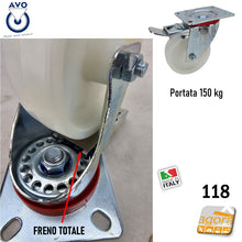 Carica l'immagine nel visualizzatore di Gallery, ruota per carrelli ruote carrelli nylon plastica poliammide 6 AVO aldo valsecchi spa girevoli con piastra 100x85 freno anteriore diametro 100x30mm 10cm alta portata girevole con freno totale supporto medio mozzo su ciscinetti a sfera serie industria 118BISANT ruote ruota per carrelli ruote carrelli nylon plastica poliammide 6 AVO aldo valsecchi spa girevoli con piastra freno anteriore diametro 80x30mm D8cm alta portata freno totale fissa supporto medio mozzo su cuscinetti a sfera serie industria 118