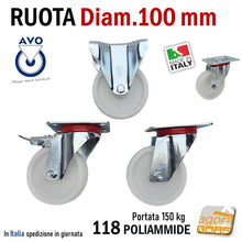 Carica l'immagine nel visualizzatore di Gallery, ruota per carrelli ruote carrelli nylon plastica poliammide 6 AVO aldo valsecchi spa girevoli con piastra 100x85 freno anteriore diametro 100x30mm 10cm alta portata girevole con freno totale supporto medio mozzo su ciscinetti a sfera serie industria 118BISANT