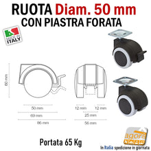 Carica l'immagine nel visualizzatore di Gallery, rotelle ruota doppia per mobili girevole con piastra frenata senza freno grigia alta portata diametro 50mm d5cm bassa robusta antitraccia antimacchia pavimenti delicati per mobiletti armadietti tavolini design ruote girevoli