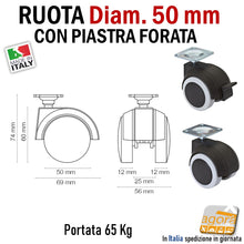 Carica l'immagine nel visualizzatore di Gallery, RUOTE GIREVOLI RUOTA NERA GRIGIA ANTITRACCIA ANTIMACCHIA PARQUET PAVIMENTI IN LEGNO CON PIASTRA D5CM ALTEZZA 74MM