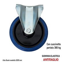 Carica l'immagine nel visualizzatore di Gallery, RUOTA GOMMA ELASTICA BLU DIAMETRO 200MM GIREVOLE CON PIASTRA CON FRENO SENZA FRENO 16N AVO INDUSTRIA RUOTE 66A 14301