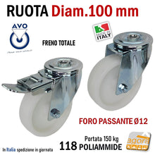 Carica l'immagine nel visualizzatore di Gallery, RUOTA GIREVOLE D100MM CON FORO PASSANTE D12 CON FRENO SENZA FRENO POLIAMMIDE ALTA PORTATA RUOTE AVO