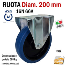 Carica l'immagine nel visualizzatore di Gallery, RUOTA GOMMA ELASTICA BLU DIAMETRO 200MM GIREVOLE CON PIASTRA CON FRENO SENZA FRENO 16N AVO INDUSTRIA RUOTE 66A 14301