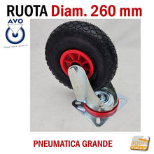 Carica l'immagine nel visualizzatore di Gallery, RUOTA PNEUMATICA X CARRELLI IN GOMMA CON CAMERA D'ARIA MORBIDA GROSSA DIAMETRO 260MM D 26 CM CON SUPPORTO PESANTE GIREVOLE CON CUSCINETTI CON FRENO SENZA FRENO FISSA GOMMA NERA ALDO VALSECCHI AVO SERIE INDUSTRIA 44 PIASTRA FORATA MM 200X160 INTERASSE FORI 150X115MM