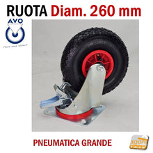 Carica l'immagine nel visualizzatore di Gallery, RUOTA PNEUMATICA CARRELLO
CARRELLI IN GOMMA CON CAMERA D'ARIA MORBIDA GROSSA DIAMETRO 260MM D 26 CM CON SUPPORTO PESANTE GIREVOLE CON CUSCINETTI CON FRENO SENZA FRENO FISSA GOMMA NERA ALDO VALSECCHI AVO SERIE INDUSTRIA 44 PIASTRA FORATA MM 200X160 INTERASSE FORI 150X115MM