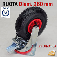 Carica l'immagine nel visualizzatore di Gallery, RUOTE X CARRELLO PNEUMATICA PER CARRELLI IN GOMMA CON CAMERA D'ARIA MORBIDA GROSSA DIAMETRO 260MM D 26 CM CON SUPPORTO PESANTE GIREVOLE CON CUSCINETTI CON FRENO SENZA FRENO FISSA GOMMA NERA ALDO VALSECCHI AVO SERIE INDUSTRIA 44 PIASTRA FORATA MM 200X160 INTERASSE FORI 150X115MM