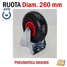 Carica l'immagine nel visualizzatore di Gallery, RUOT PNEUMATICHE PER CARRELLO IN GOMMA CON CAMERA D'ARIA MORBIDA GROSSA DIAMETRO 260MM D 26 CM CON SUPPORTO PESANTE GIREVOLE CON CUSCINETTI CON FRENO SENZA FRENO FISSA GOMMA NERA ALDO VALSECCHI AVO SERIE INDUSTRIA 44 PIASTRA FORATA MM 200X160 INTERASSE FORI 150X115MM