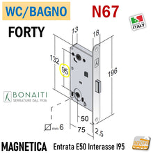 Carica l'immagine nel visualizzatore di Gallery, Serratura porta interna bagno wc toilet Bonaiti N67 Forty B-Forty magnetica frontale 196x18mm entrata 50mm 5cm interasse 95mm i 9,5cm scrocco centrale in plastica a filo reversibile doppio quadrotto 8x8 e 6x6mm in basso 48N67050