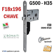 Load image into Gallery viewer, SERRATURA PORTA SCORREVOLE FRONTALE 18x196mm BONAITI H35+TIR CHIAVE A SPILLO PIEGHEVOLE CROMO OPACO E50 0H35C5099 frontale 196mm entrata 5cm modello per chiave pieghevole a spillo