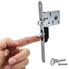 Load image into Gallery viewer, SERRATURA PORTA SCORREVOLE FRONTALE 18x196mm BONAITI H35+TIR CHIAVE A SPILLO PIEGHEVOLE CROMO OPACO E50 0H35C5099 frontale 196mm entrata 5cm a tirare gancio uncino