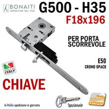 Load image into Gallery viewer, SERRATURA PORTA SCORREVOLE FRONTALE 18x196mm BONAITI H35+TIR CHIAVE A SPILLO PIEGHEVOLE CROMO OPACO E50 con tirante