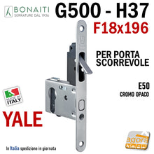 Carica l'immagine nel visualizzatore di Gallery, serratura porta scrigno scorrevole con uncino a ancio f 196x18mm E50 per cilindro Yale tirante BONAITI G500 H37 40H3705099