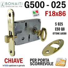 Load image into Gallery viewer, SERRATURA PORTA SCORREVOLE FRONTALE 18x86mm BONAITI 025 G500 CHIAVE SPILLO E50 GANCIO PORTE SCRIGNO OTTONE