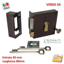 Carica l'immagine nel visualizzatore di Gallery, SERRATURA VERTICALE PORTONCINO CON SCROCCO E CATENACCIO BONAITI ART.175 SX mm.80 E40 BRONZATA DA APPLICARE PORTE ANTICHE 4L1750800S