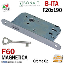 Carica l'immagine nel visualizzatore di Gallery, serratura porta bonaiti magnetica b-ita F60 chiave patent frontale 20x190mm interasse 70 mm entrata 50mm x trasformazione ristrutturazione B-ITA cromo opaco frontale 19cm x 2cm e 5cm i 7cm 48F6015093