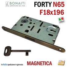 Carica l'immagine nel visualizzatore di Gallery, SERRATURA PER PORTA BONAITI F18X196 Modello N65 CHIAVE PATENT BRONZO LUCIDO Entrata 50 Interasse 90 anticato bronzata FORTY frontale 196mm 19,6cm