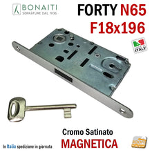 Carica l'immagine nel visualizzatore di Gallery, SERRATURA PER PORTA BONAITI F18X196 Modello N65 CHIAVE PATENT CROMO SATINATO Entrata 50 Interasse 90 CROMATA SATINATA FORTY frontale 196mm 19,6cm LINGUETTA NERA SCROCCO NERO