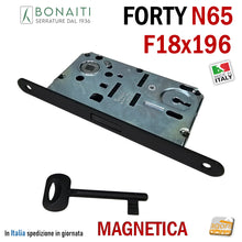 Carica l'immagine nel visualizzatore di Gallery, SERRATURA PORTA INTERNA MAGNETICA BONAITI FORTY N65 FRONTALE 18X196MM F 19,6CM ENTRATA 5CM INTERASSE 9CM PATENT CHIAVE NORMALE SCROCCO CENTRALE 48N65150 NERA NERO OPACO