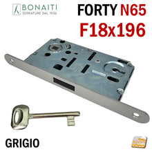 Carica l'immagine nel visualizzatore di Gallery, SERRATURA PORTA MAGNETICA BONAITI F18X196 Modello N65 CHIAVE PATENT GRIGIO VERNICIATO Entrata 50 Interasse 90 GRIGIA ARGENTO FORTY frontale 196mm 19,6cm LINGUETTA NERA SCROCCO NERO