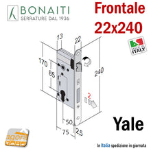 Carica l'immagine nel visualizzatore di Gallery, SERRATURA PORTA FRONTALE 22x240mm YALE BONAITI C22T-50 CROMO SATINATO E50 I85 48C2205087 entrata 5cm interasse 8,5cm FRONTALE BORDO TONDO 240X22 CATENACCIO